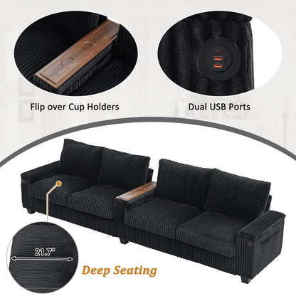133 4-Seater Corduroy Sofa - Modern Storage Couch with USB Ports, Flip-Top Cup Holders
