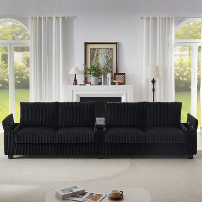133 4-Seater Corduroy Sofa - Modern Storage Couch with USB Ports, Flip-Top Cup Holders