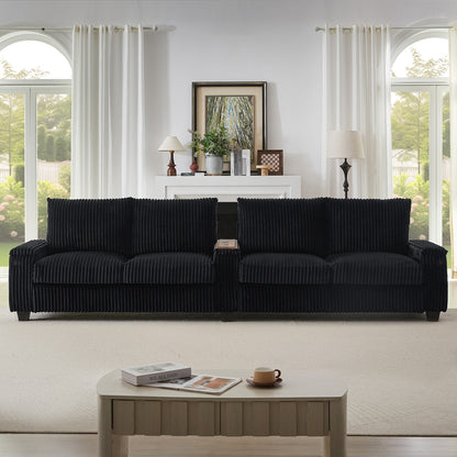 133 4-Seater Corduroy Sofa - Modern Storage Couch with USB Ports, Flip-Top Cup Holders