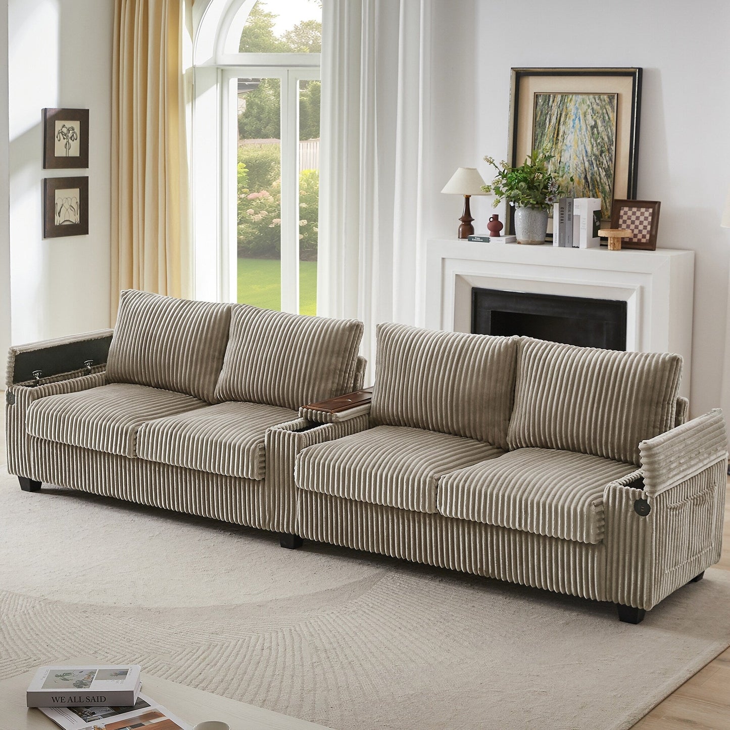 133 4-Seater Corduroy Sofa - Modern Storage Couch with USB Ports, Flip-Top Cup Holders