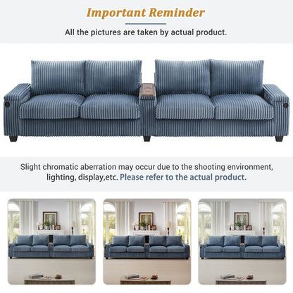 133 Modern 4-seater Corduroy Sofa Couch with USB Ports and Flip-top Cup Holders