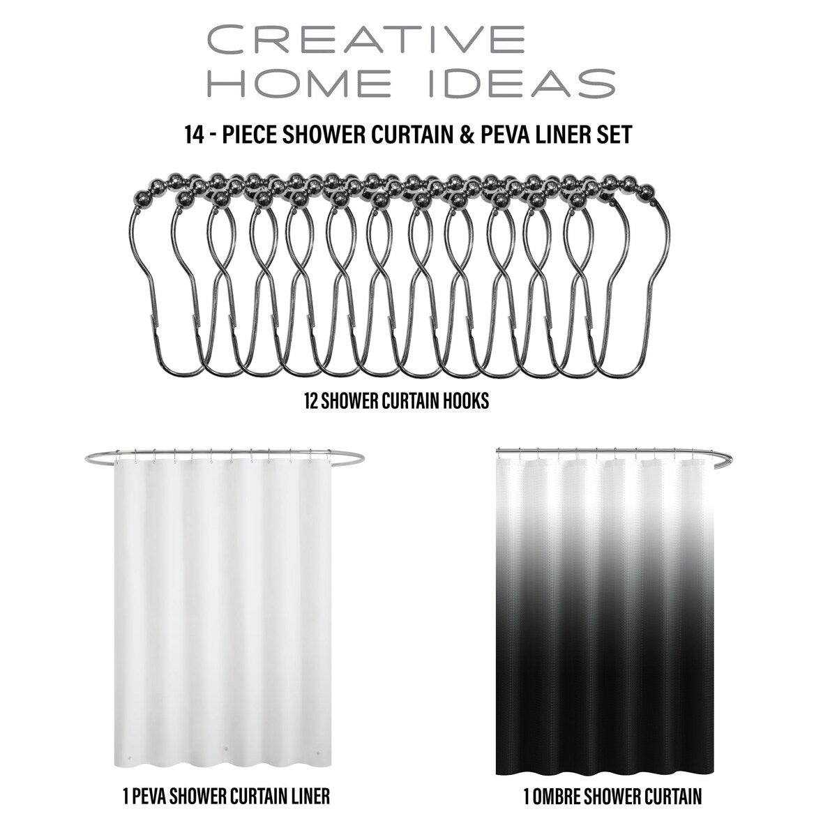 14-Piece Bath/Shower Set - Ombre Shower Curtain, Hooks & PEVA Liner