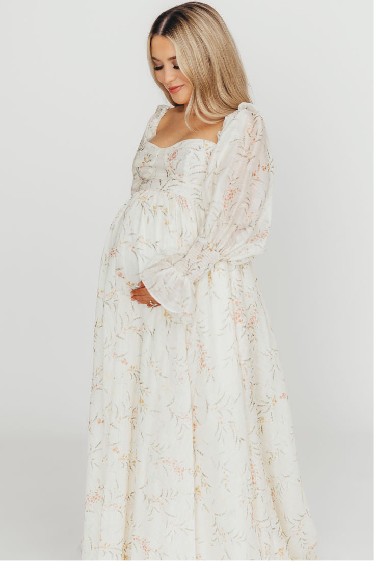 Delilah Maxi Dress With Train in Cream Floral - Bump Friendly