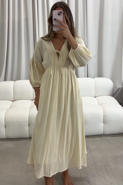 Hunter 100% Cotton Gauze Midi Dress in Butter - Bump Friendly