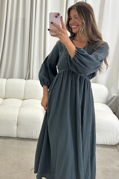 Hunter 100% Cotton Gauze Midi Dress in Dusty Navy - Bump Friendly