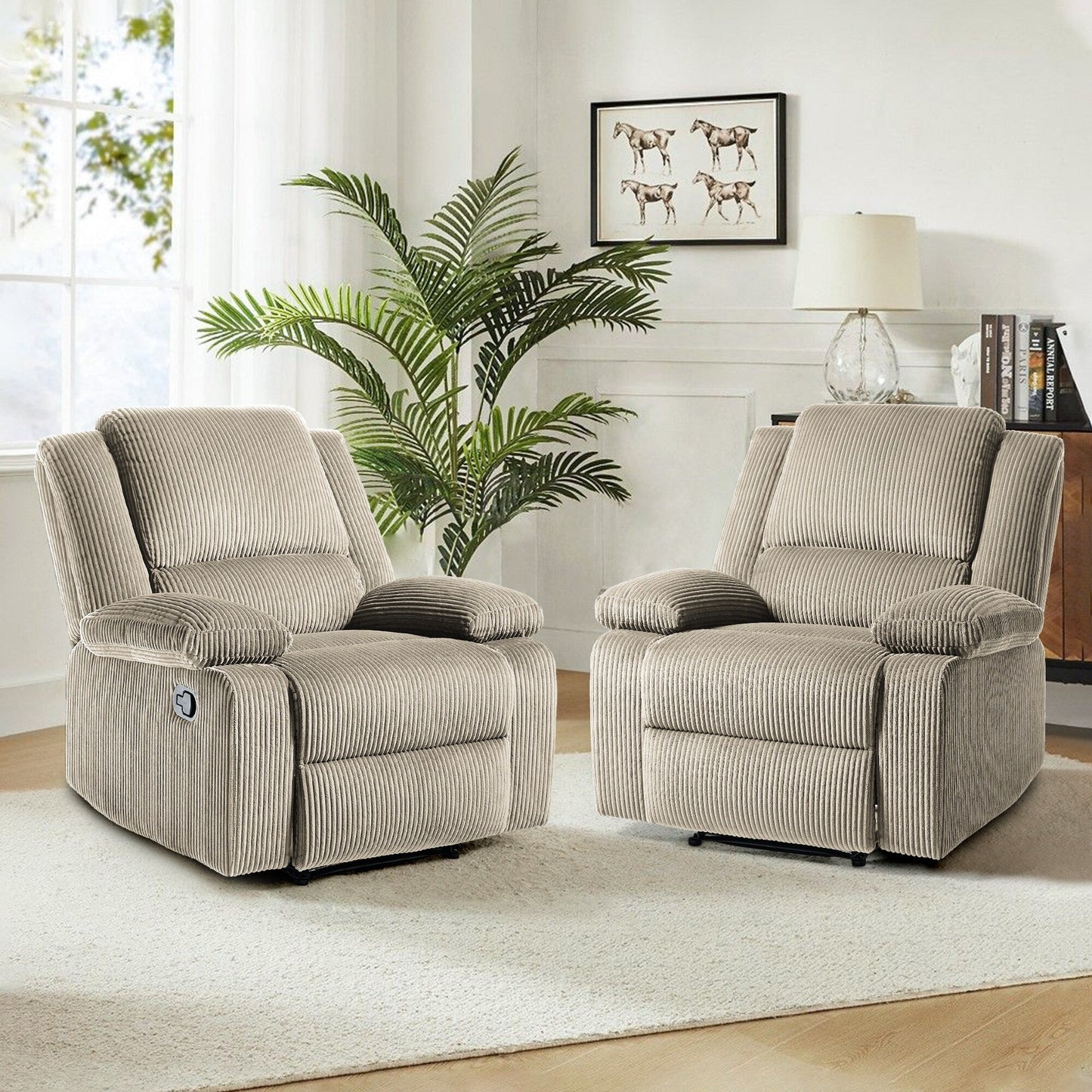 2 Set Corduroy Manual Recliner Glider Club Chair with Footrest