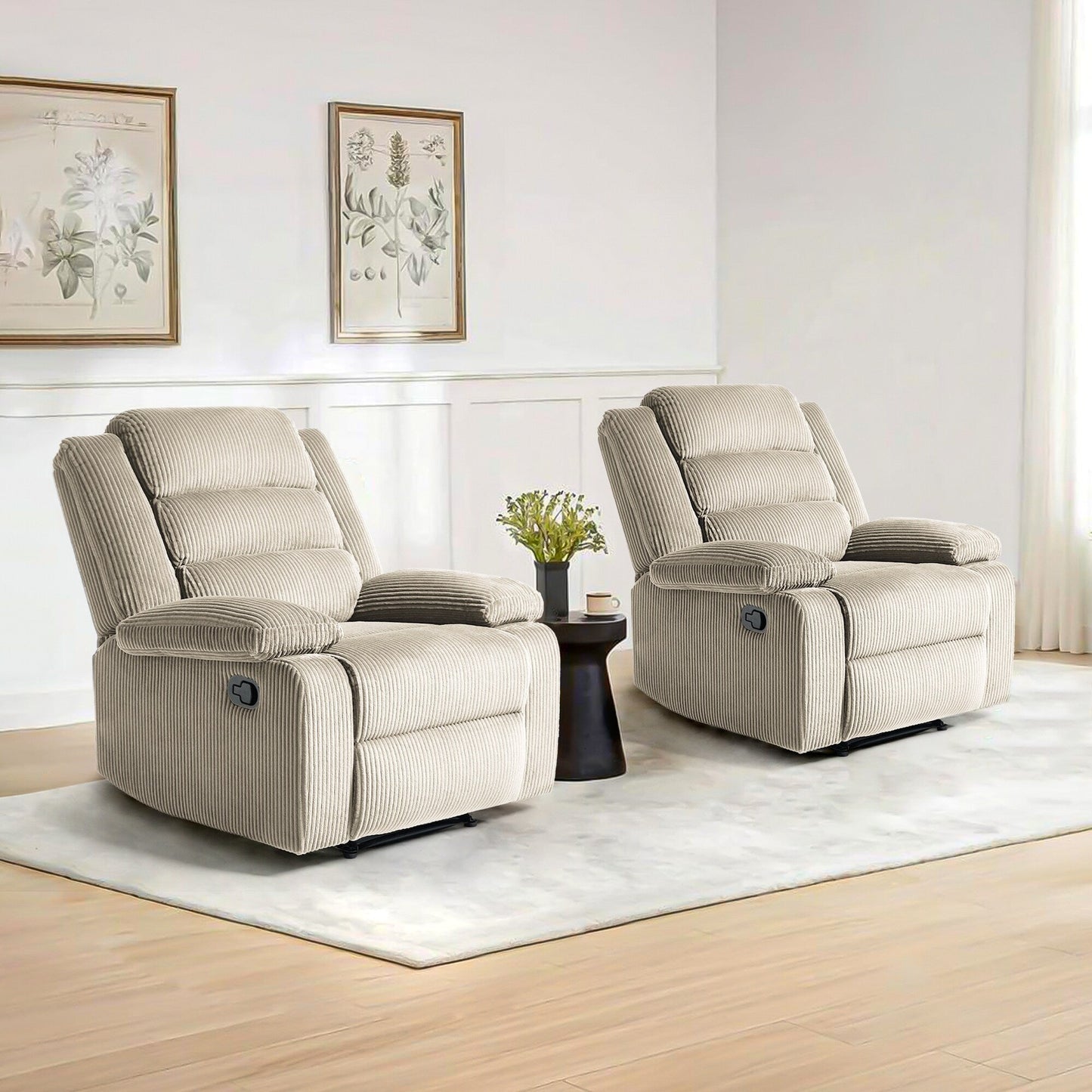 2 Set Modern Corduroy Manual Recliner Chair, Oversize Accent Chair Recliner with Wide Armrest