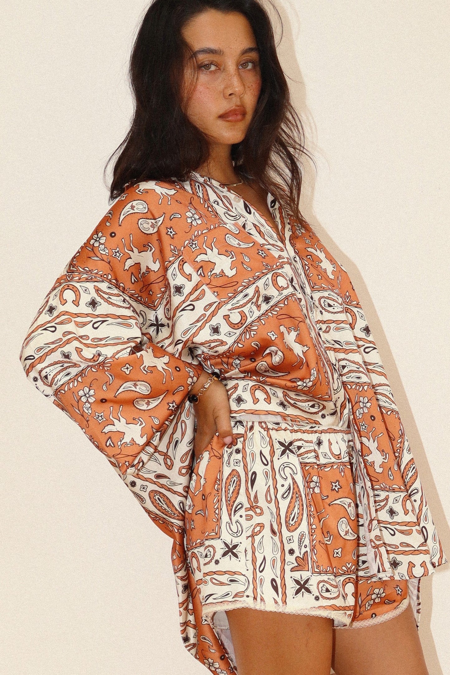 Jada Western Bandana Button-up Top in Burnt Orange
