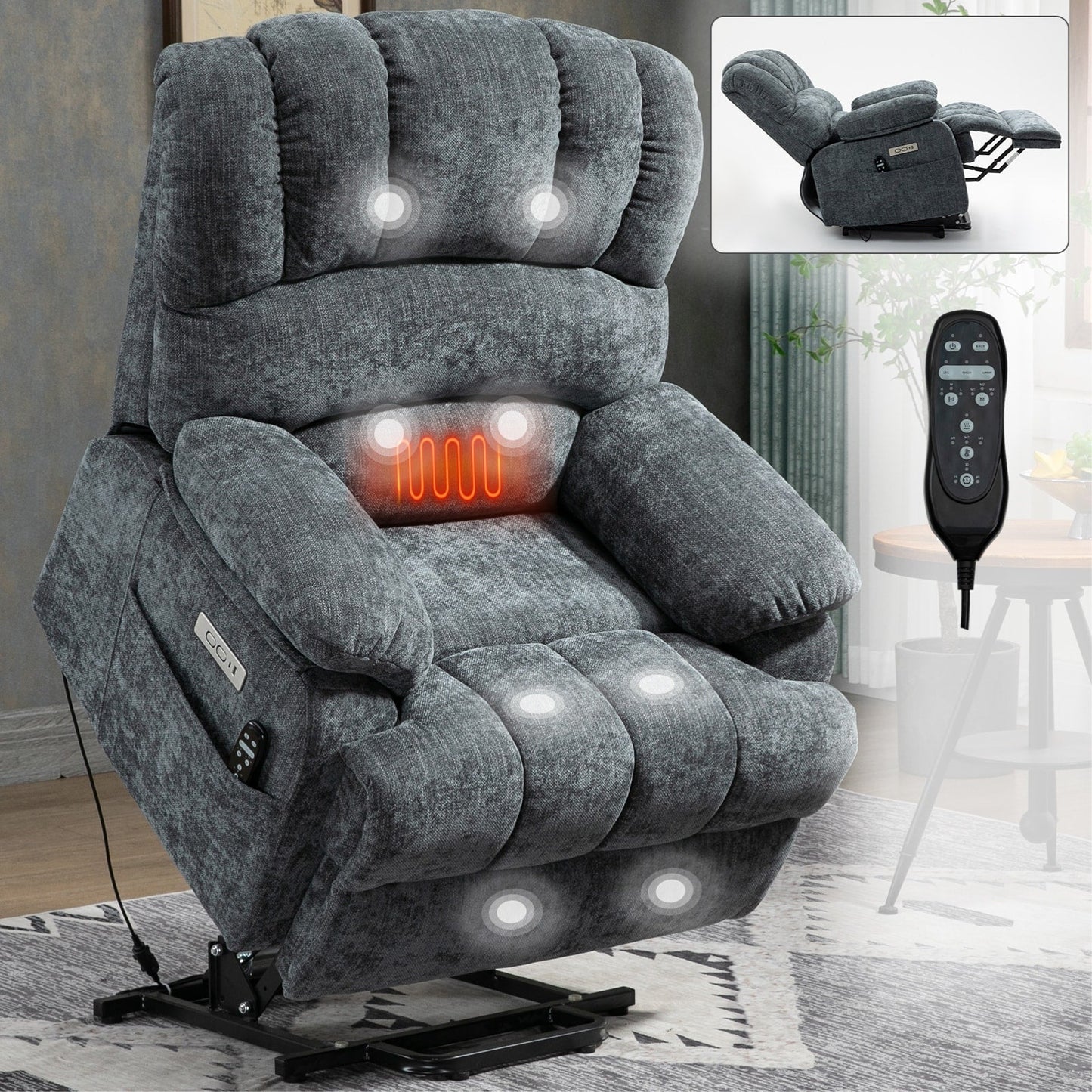 High Back Large Size Chenille Power Lift Recliner Chair