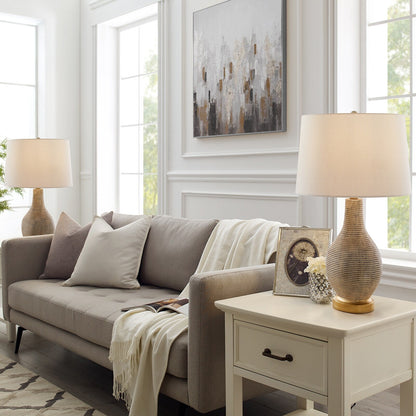 24.5-inch Washed Beige/Gold Farmhouse Table Lamp with White Linen Shade (Set of 2) - 24.5 H
