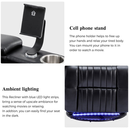 270° Power Swivel Recliner,Home Theater Seating With Hidden Arm Storage and LED Light Strip,Cup Holder