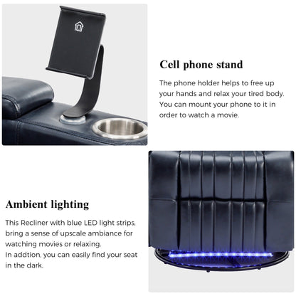 270° Power Swivel Recliner,Home Theater Seating With Hidden Arm Storage and LED Light Strip,Cup Holder