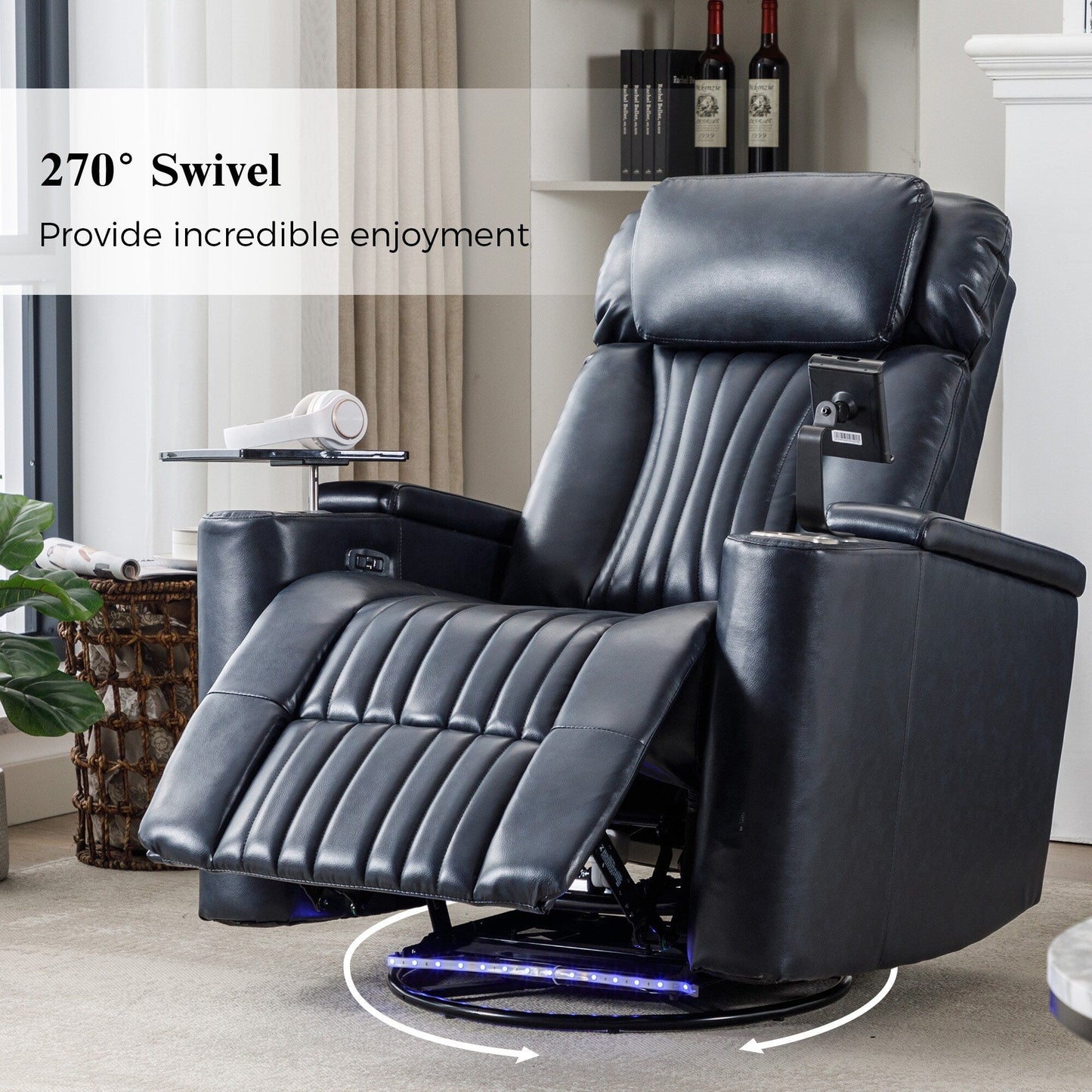 270° Power Swivel Recliner,Home Theater Seating With Hidden Arm Storage and LED Light Strip,Cup Holder