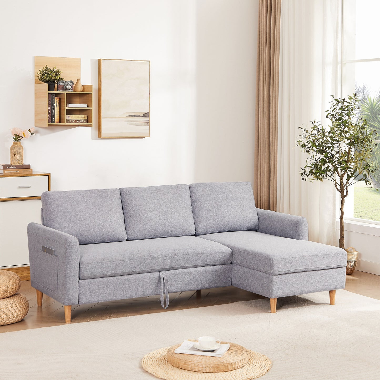 28.35'' Adjustable Fabric L-Shaped Sleeper Sofa with Chaise, Pull-Out Bed, and Storage Pockets