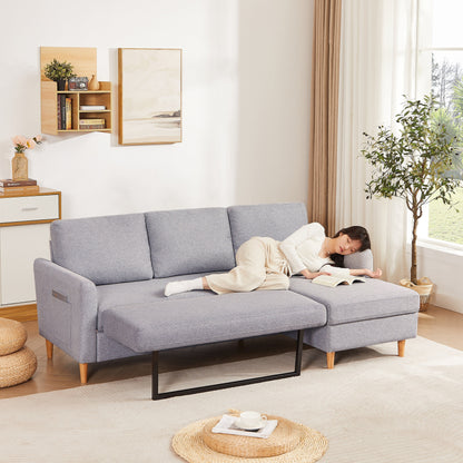 28.35'' Adjustable L-Shaped Fabric Sleeper Sofa with Pull-Out Bed, Chaise, and Armrest Pockets