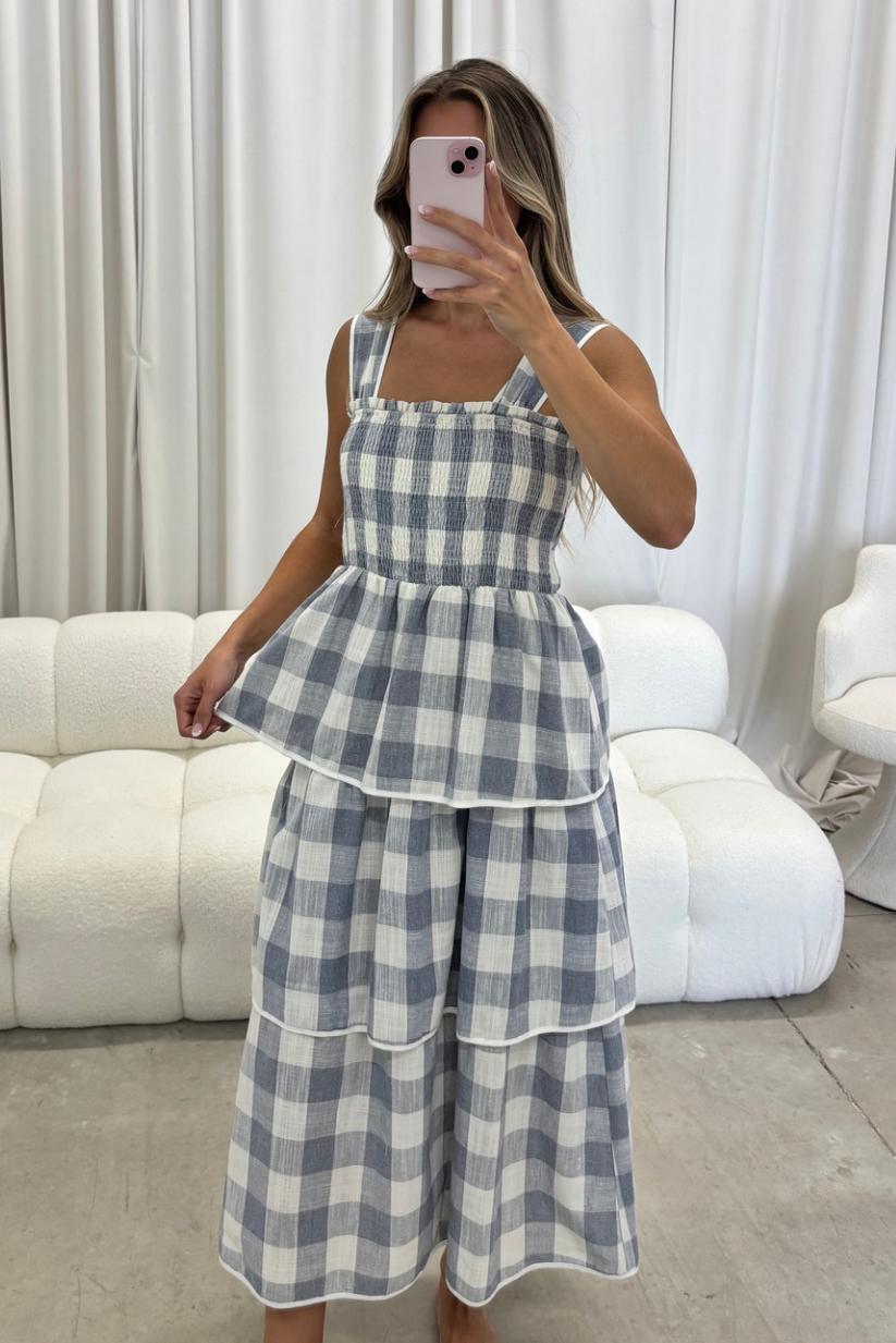 Ree Gingham Tiered Midi Dress in Blue