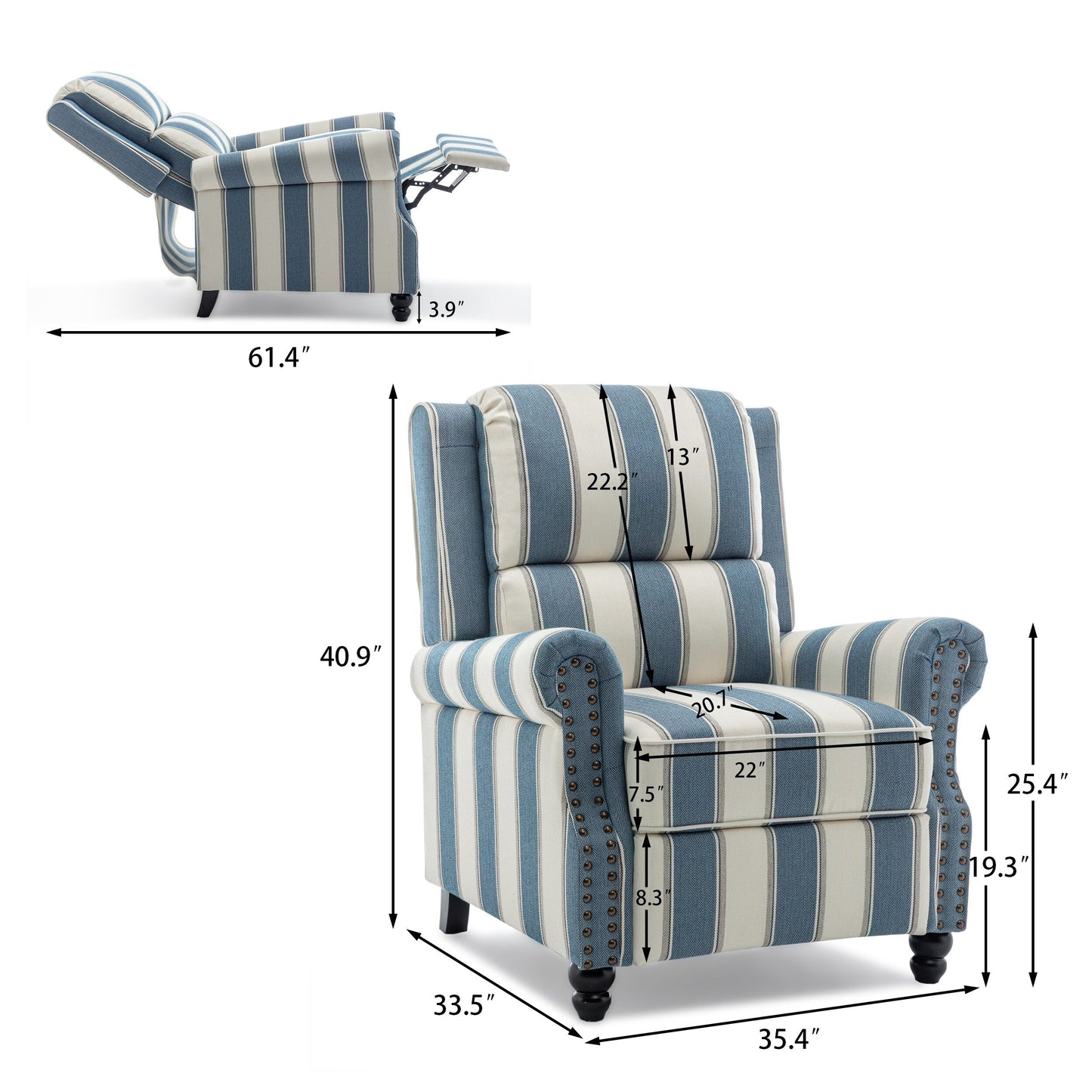 2 Set Manual Pushback Recliner Chair with Nailhead Trim