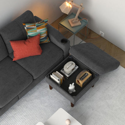 3-Seat Combo L-Shaped Sofa with Storage Cabinet Footstool For Living Room, Dark Grey