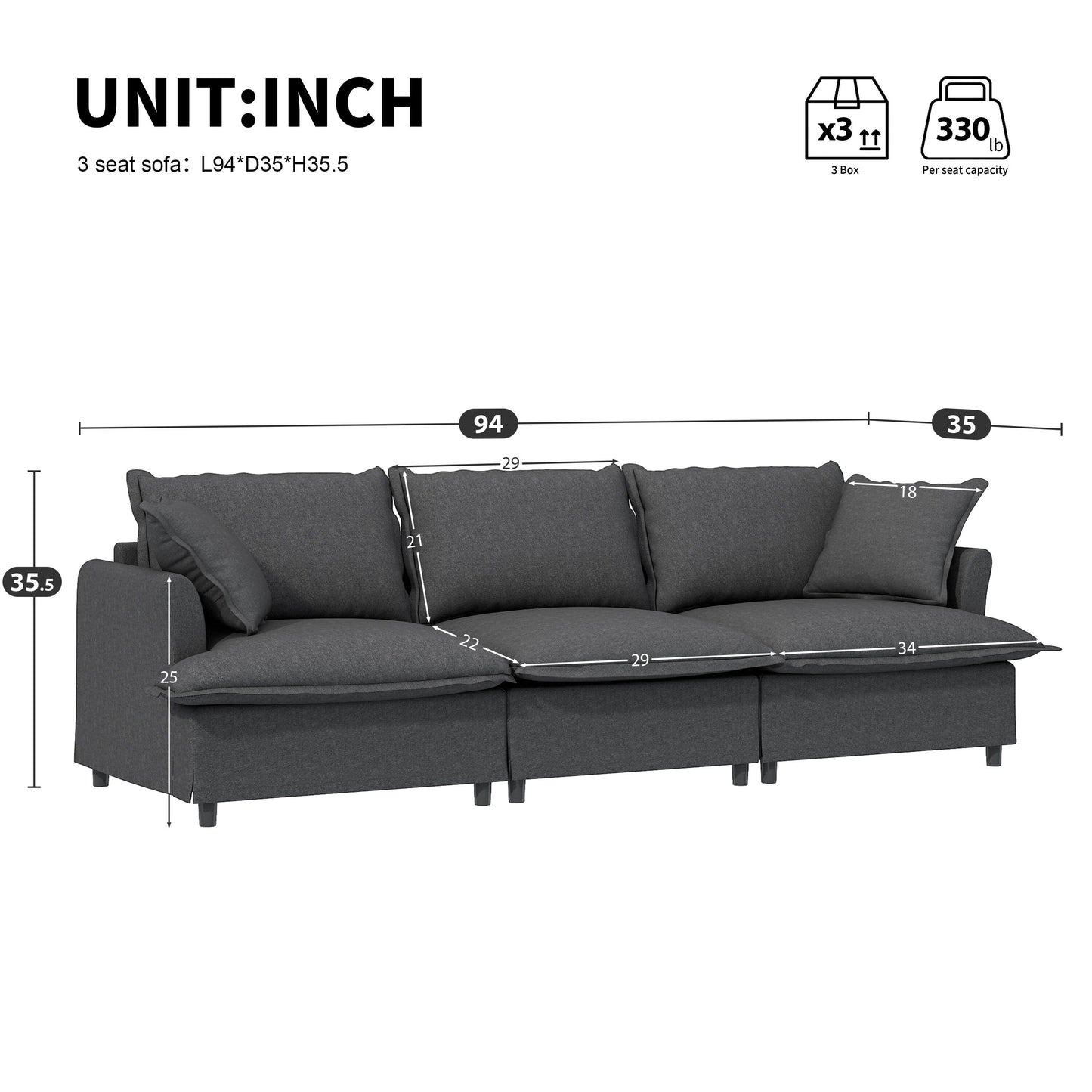 3 Seat Sofa Module For Modular Sectional Sofa,Wide Seat,Chenille Cloud Couch With Throw Pillows