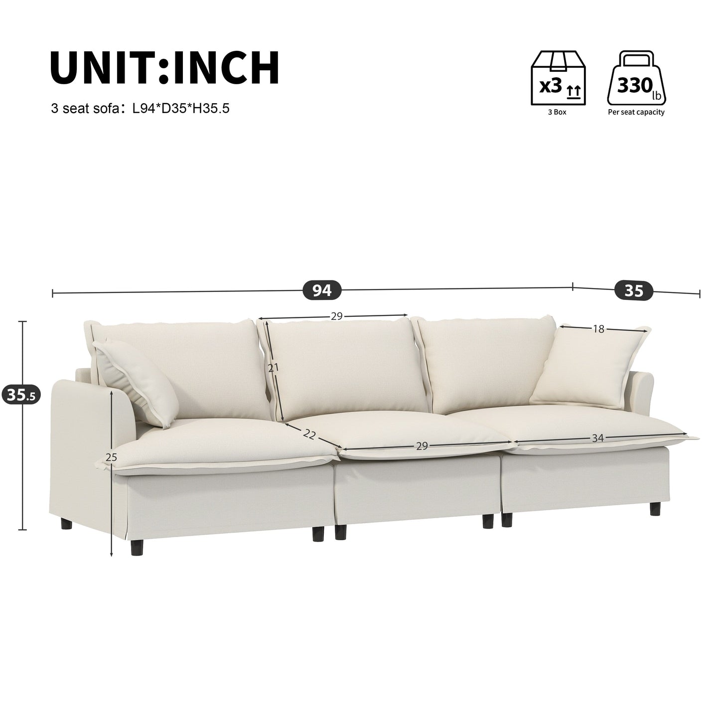 3 Seat Sofa Module For Modular Sectional Sofa,Wide Seat,Chenille Cloud Couch With Throw Pillows