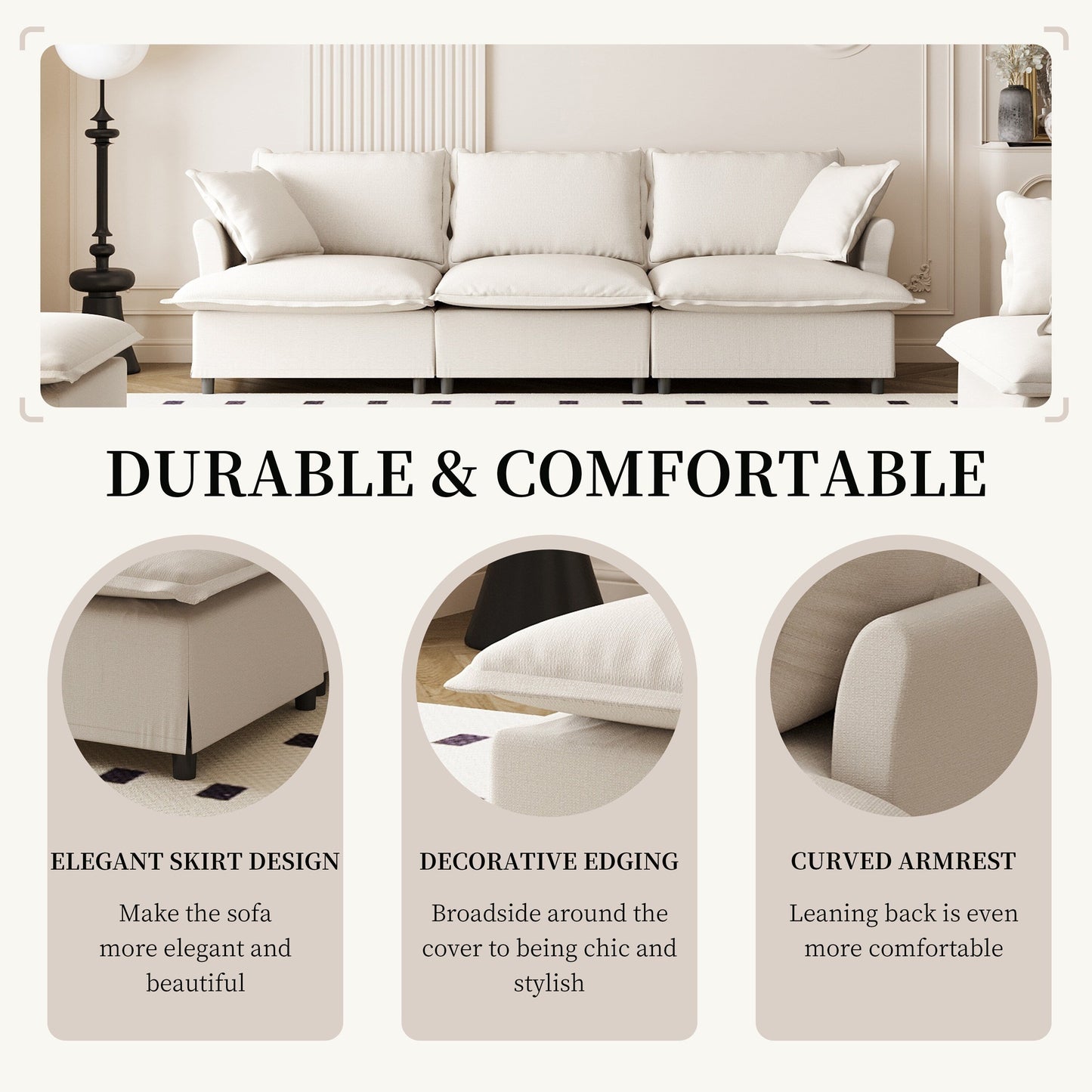 3 Seat Sofa Module For Modular Sectional Sofa,Wide Seat,Chenille Cloud Couch With Throw Pillows