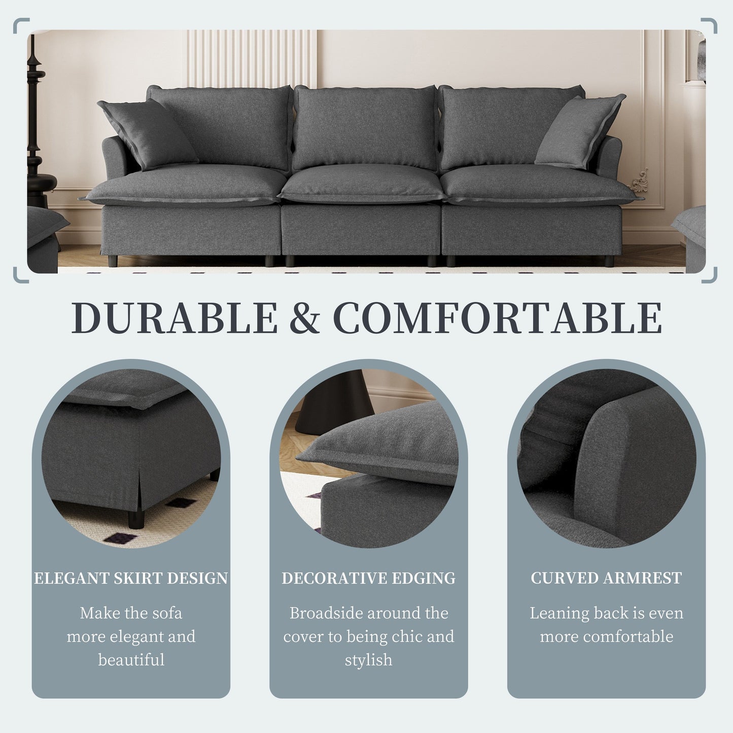 3 Seat Sofa Module For Modular Sectional Sofa,Wide Seat,Chenille Cloud Couch With Throw Pillows