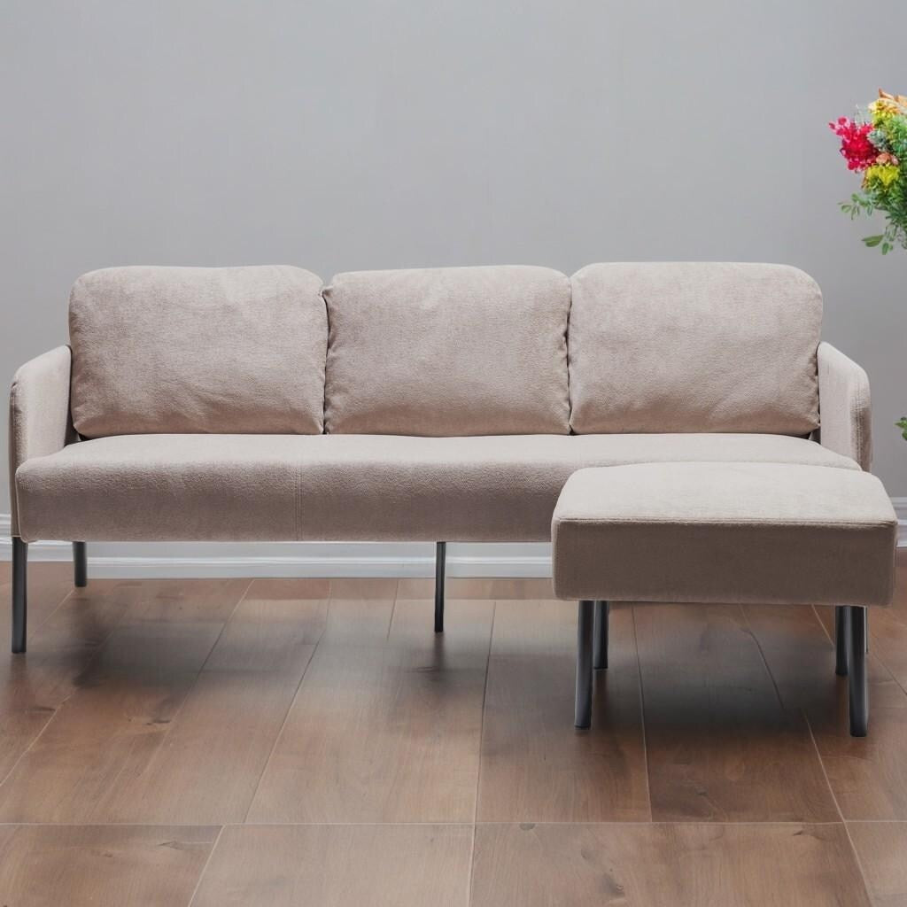 3 Seater L-Shaped Polyester Fabric Sofa with Ottoman, Modern Upholstered Sofa, Comfy Small Couches for Small Space