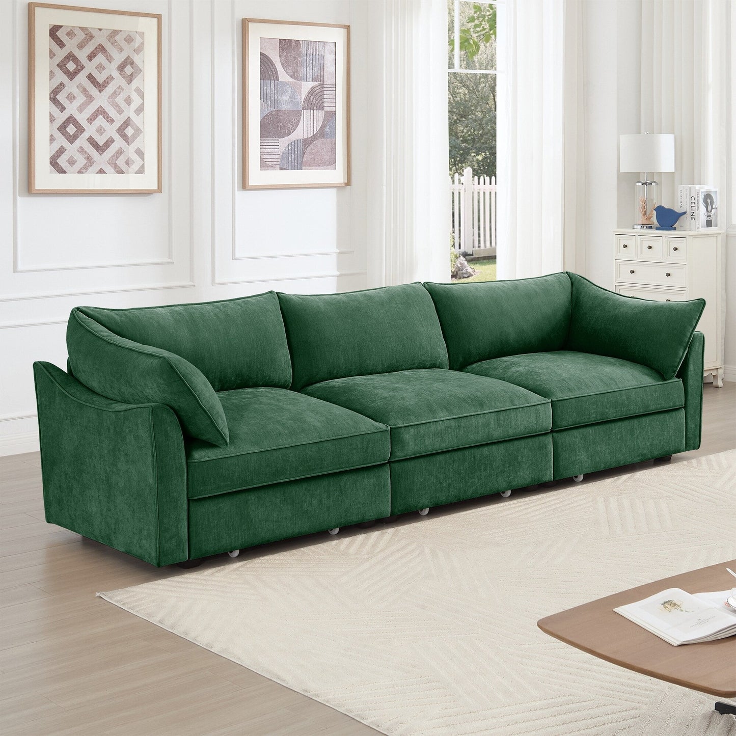 3-Seater Large Wide & Deep Sofa with Pull out Drawers Under Each Seat, Crescent-Shaped Armrests and Wraparound Back