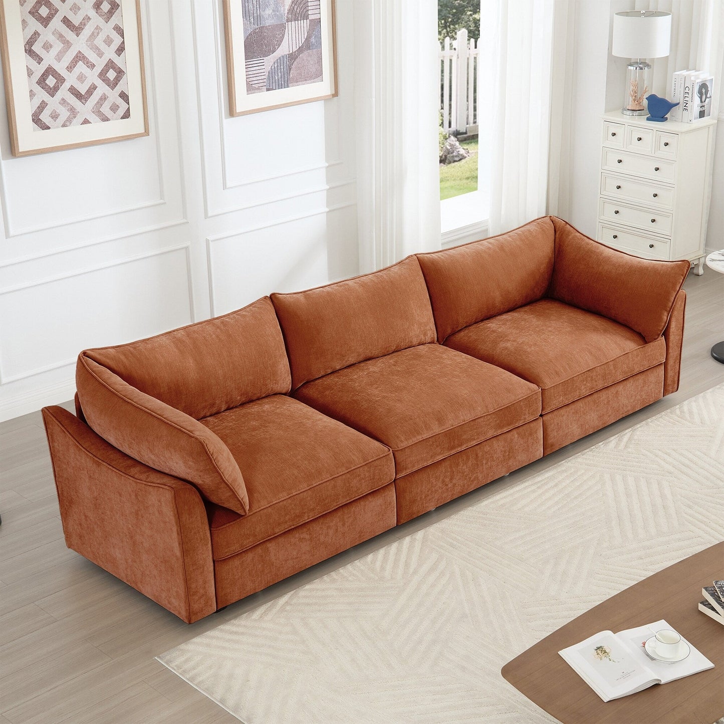 3-Seater Large Wide & Deep Sofa with Pull out Drawers Under Each Seat, Crescent-Shaped Armrests and Wraparound Back