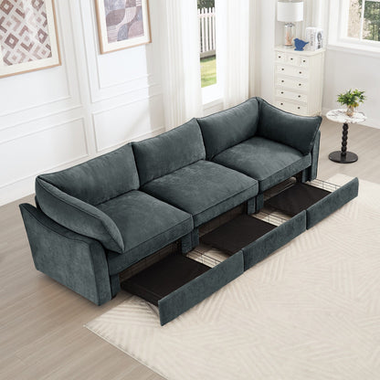 3-Seater Large Wide & Deep Sofa with Pull out Drawers Under Each Seat, Crescent-Shaped Armrests and Wraparound Back