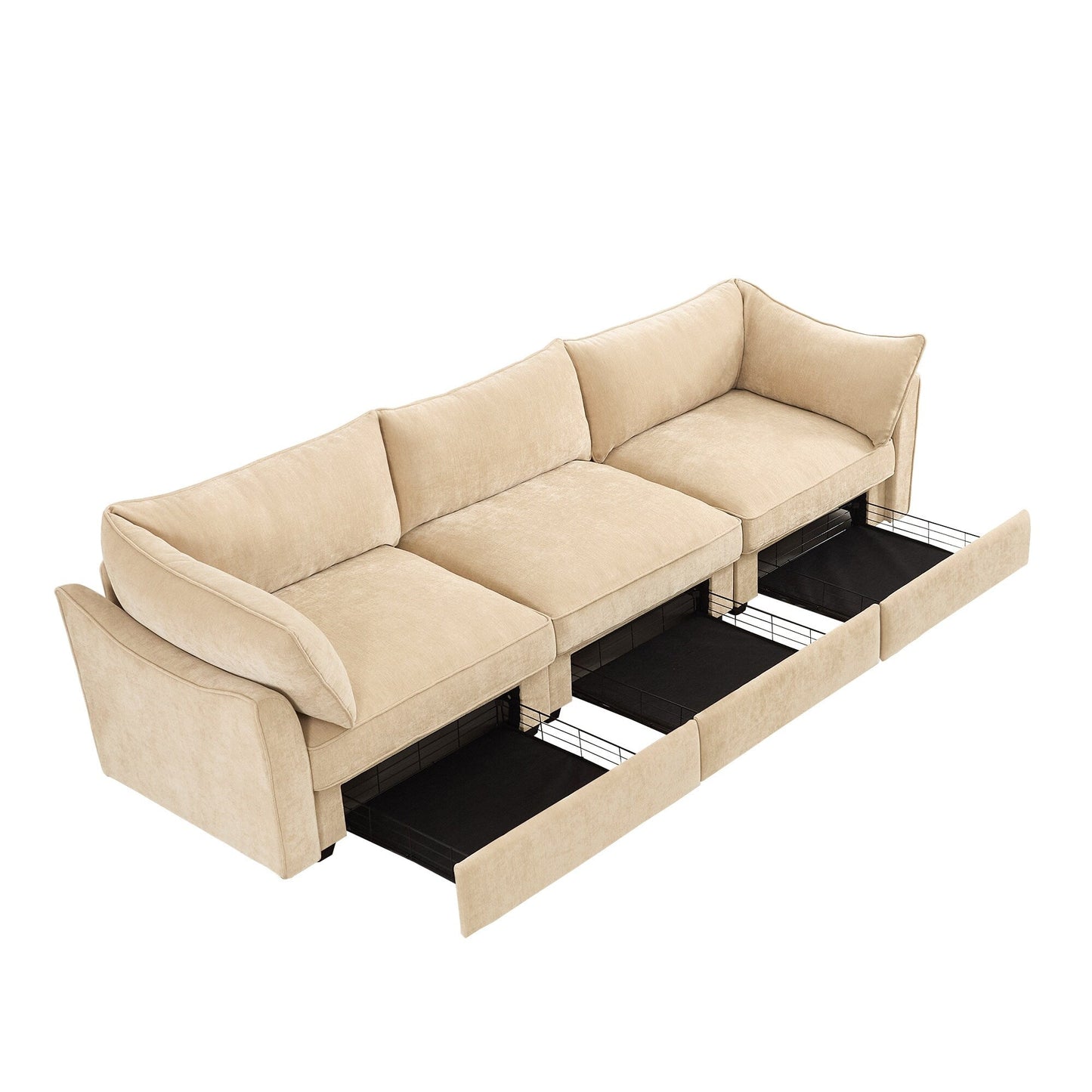 3-Seater Large Wide & Deep Sofa with Pull out Drawers Under Each Seat, Crescent-Shaped Armrests and Wraparound Back