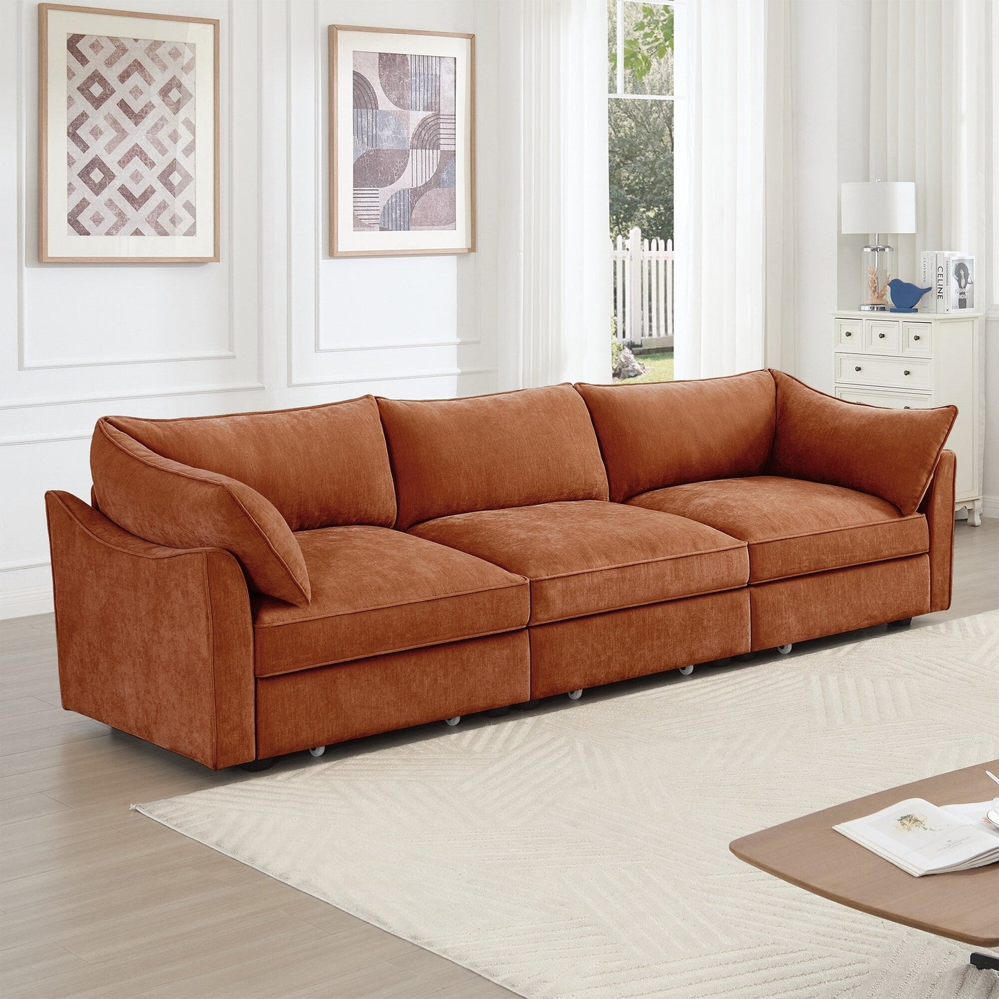 3-Seater Large Wide & Deep Sofa with Pull out Drawers Under Each Seat, Crescent-Shaped Armrests and Wraparound Back