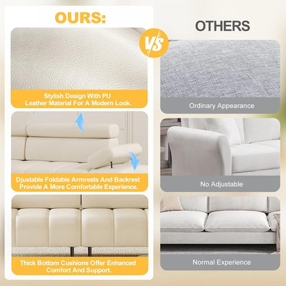 3-Seater Sofa Bed, Faux Leather Futon Sleeper Couches, Adjustable Backrests and Armrest