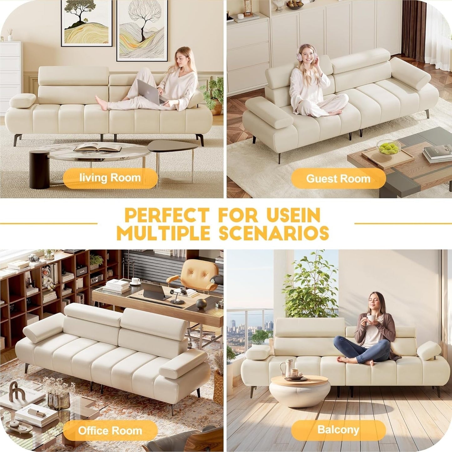 3-Seater Sofa Bed, Faux Leather Futon Sleeper Couches, Adjustable Backrests and Armrest
