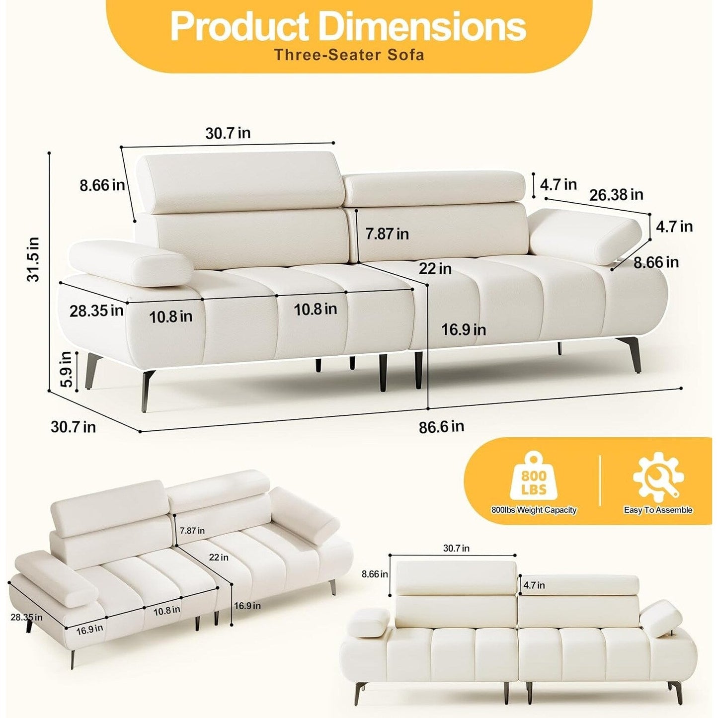 3-Seater Sofa Bed, Faux Leather Futon Sleeper Couches, Adjustable Backrests and Armrest