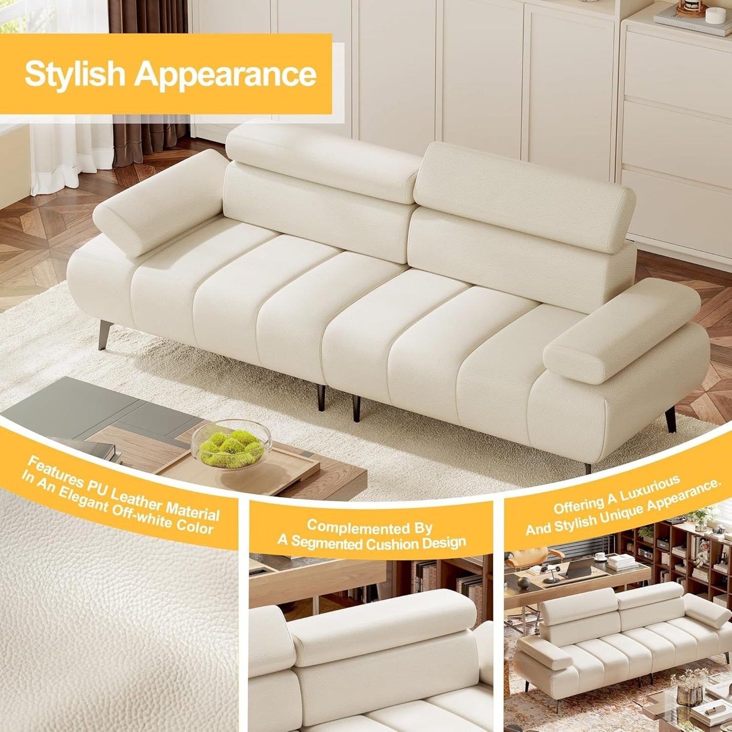 3-Seater Sofa Bed, Faux Leather Futon Sleeper Couches, Adjustable Backrests and Armrest