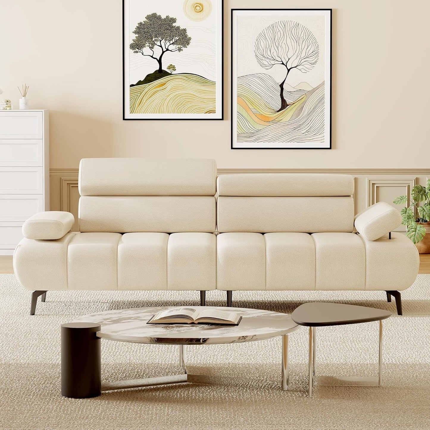 3-Seater Sofa Bed, Faux Leather Futon Sleeper Couches, Adjustable Backrests and Armrest
