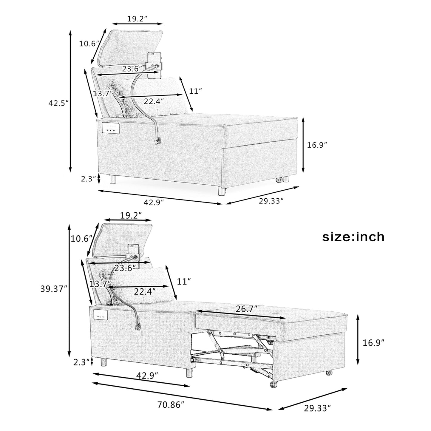 3-in-1 Convertible Chair Bed Adjustable Sofa Reclining Lounge with Bluetooth Speakers, USB Ports and Soft Pillow