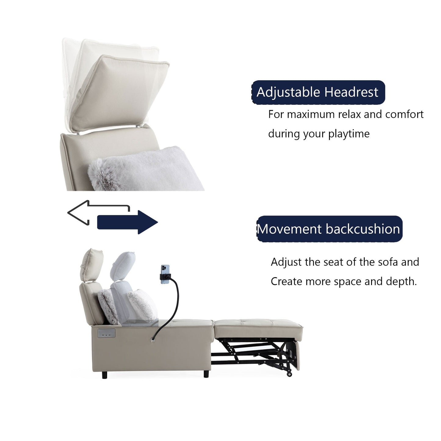 3-in-1 Convertible Chair Bed Adjustable Sofa Reclining Lounge with Bluetooth Speakers, USB Ports and Soft Pillow