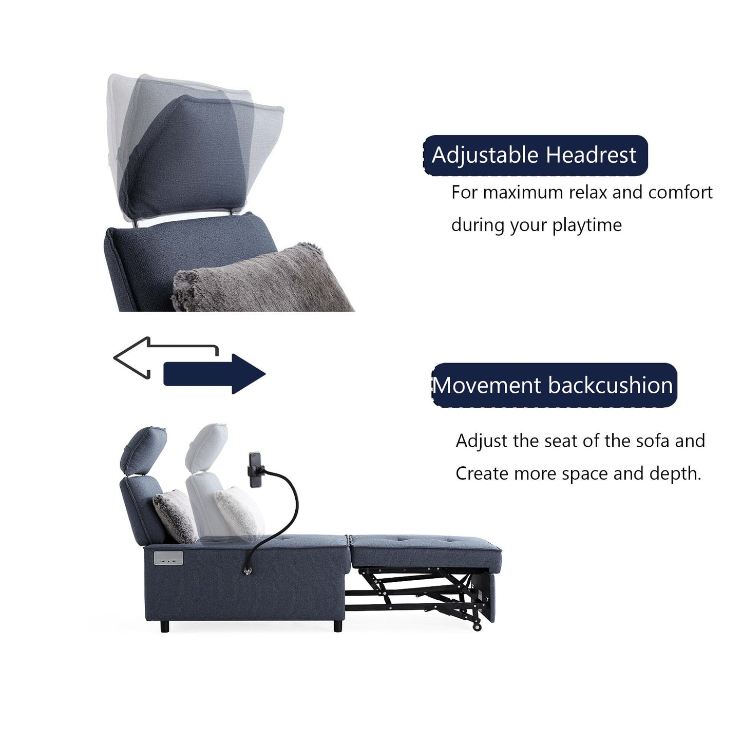 3-in-1 Convertible Chair Bed Adjustable Sofa Reclining Lounge with Bluetooth Speakers, USB Ports and Soft Pillow