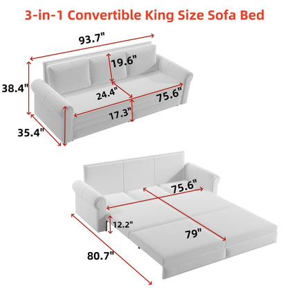 3-in-1 Convertible King Sleeper Sofa with Nailhead Trim & Rolled Arm