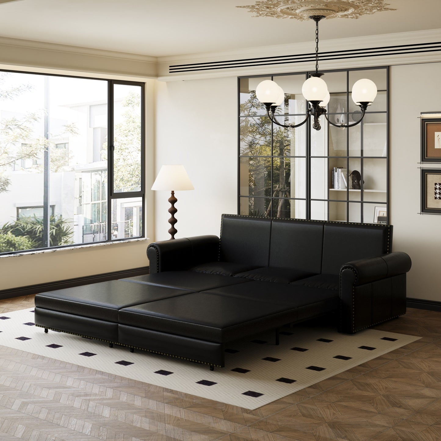 3-in-1 Convertible King Sleeper Sofa with Nailhead Trim & Rolled Arm