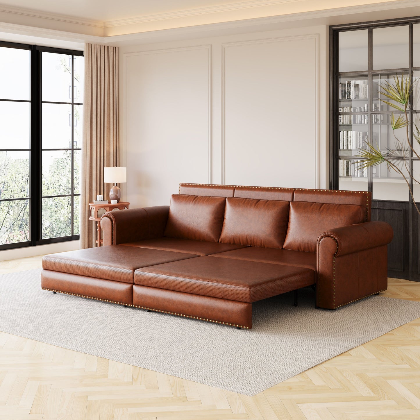 3-in-1 Convertible King Sleeper Sofa with Nailhead Trim & Rolled Arm