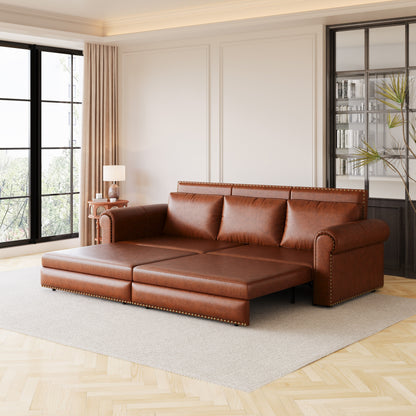 3-in-1 Convertible King Sleeper Sofa with Nailhead Trim & Rolled Arm