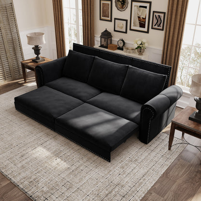 3-in-1 Convertible King Sleeper Sofa with Nailhead Trim & Rolled Arm