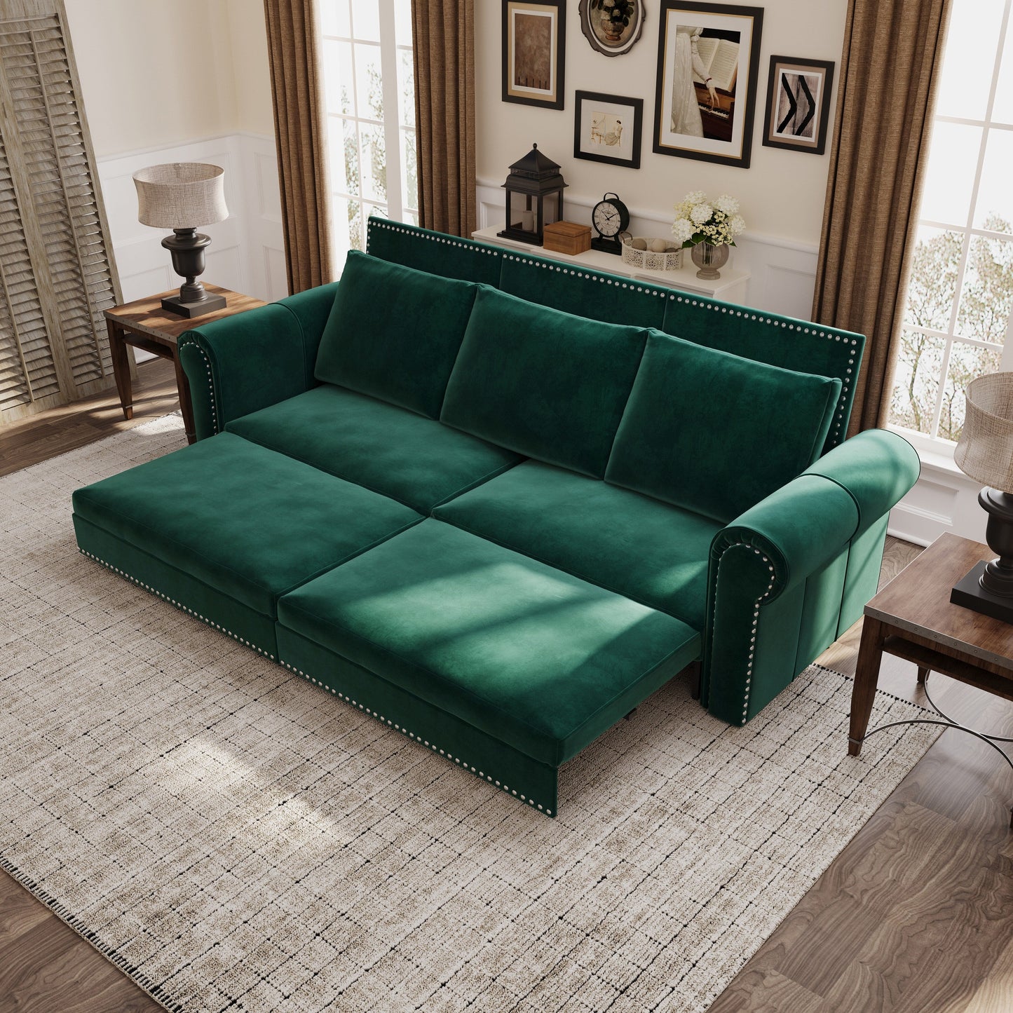 3-in-1 Convertible King Sleeper Sofa with Nailhead Trim & Rolled Arm