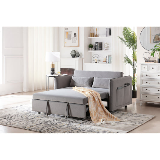 3 in 1 Convertible Sleeper Futon Sofa Bed, 55 Loveseat Lounge Couches with 2 Pillows, USB Ports & Side Pockets