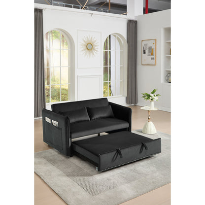 3 in 1 Convertible Sleeper Futon Sofa Bed, 55 Loveseat Lounge Couches with 2 Pillows, USB Ports & Side Pockets