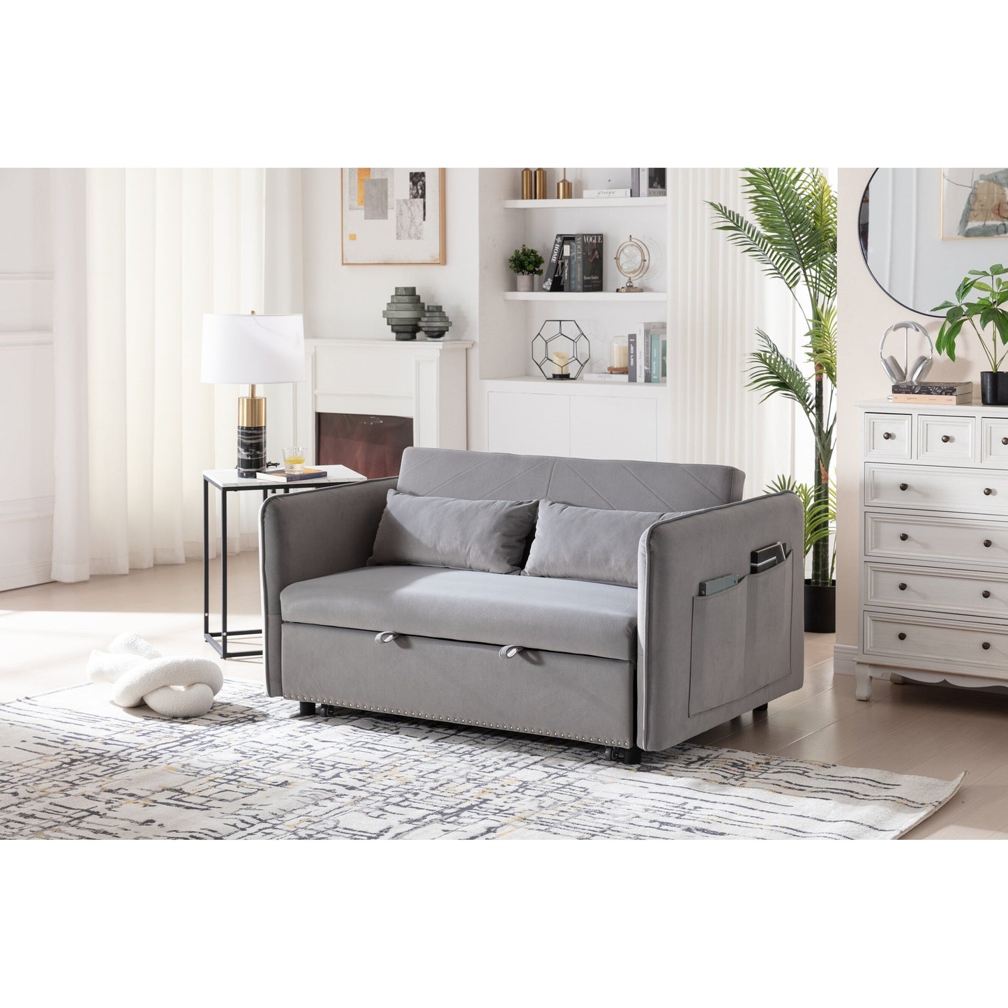 3 in 1 Convertible Sleeper Futon Sofa Bed, 55 Loveseat Lounge Couches with 2 Pillows, USB Ports & Side Pockets