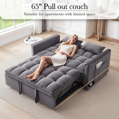 3 in 1 Convertible Sleeper Sofa Bed - Velvet Futon Couch with Adjustable Backrest, Side Pocket & Pull Out Function, Dark Gray